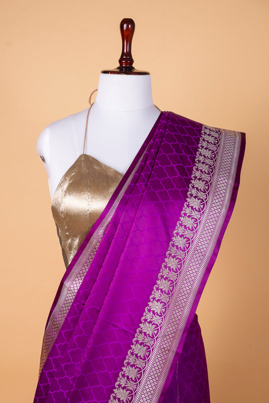 Royal Purple Pure Banarasi Mashru Silk Saree with Silver Zari Border