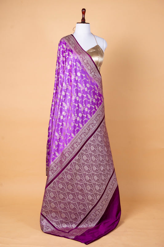 Vibrant Purple Pure Banarasi Mashru Silk Saree with Intricate Silver Zari Work