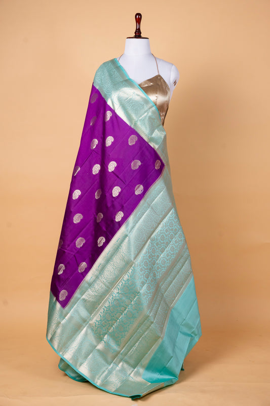 Pure Chinia Silk Contrast Saree in Royal Purple and Aqua Blue