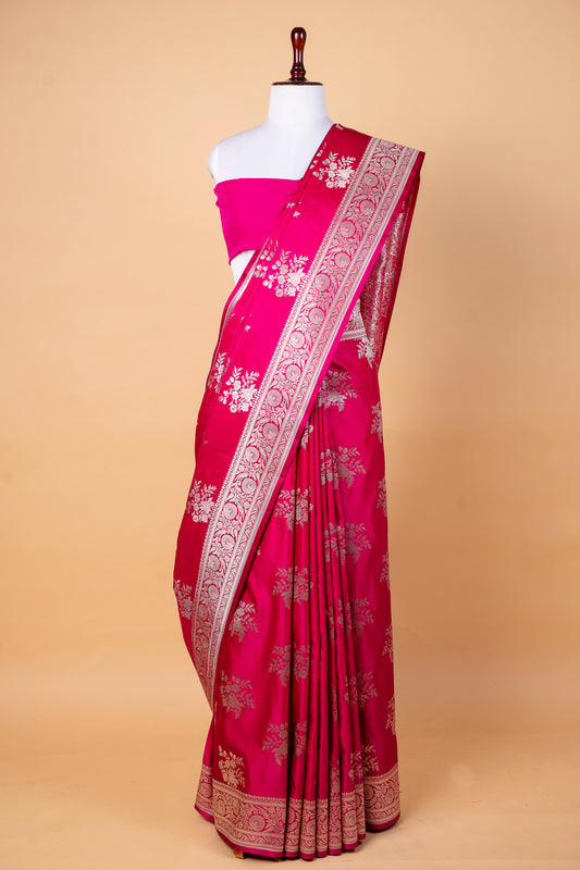 Deep Pink Pure Banarasi Mashru Silk Saree with Floral Zari Motifs