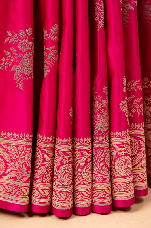 Deep Pink Pure Banarasi Mashru Silk Saree with Floral Zari Motifs