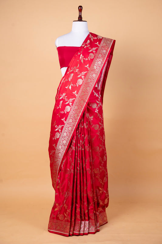 Classic Red Pure Banarasi Mashru Silk Saree with Gold Zari Floral Weaving