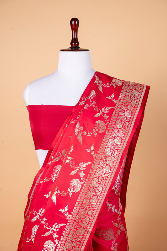 Classic Red Pure Banarasi Mashru Silk Saree with Gold Zari Floral Weaving