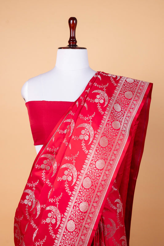 Regal Red Pure Banarasi Mashru Silk Saree with Silver Zari Paisley Weaving