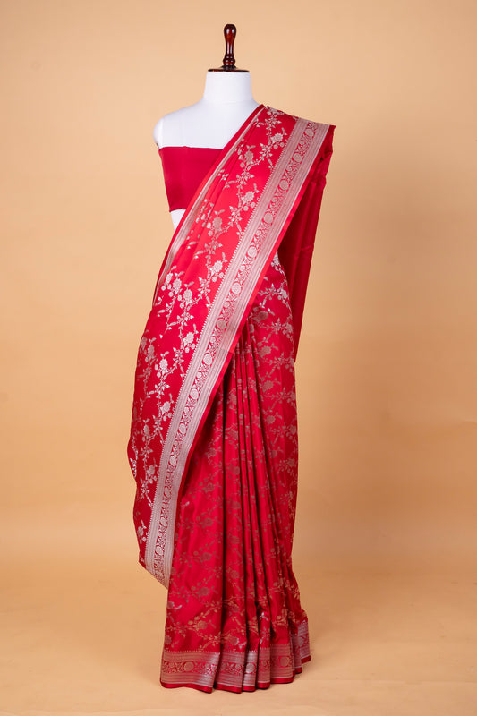 Classic Red Pure Banarasi Mashru Silk Saree with Silver Floral Zari Weaving