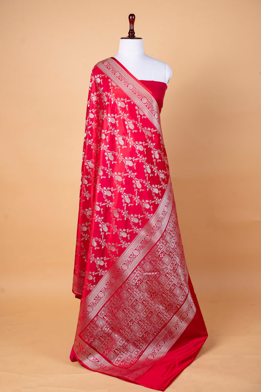 Classic Red Pure Banarasi Mashru Silk Saree with Silver Floral Zari Weaving