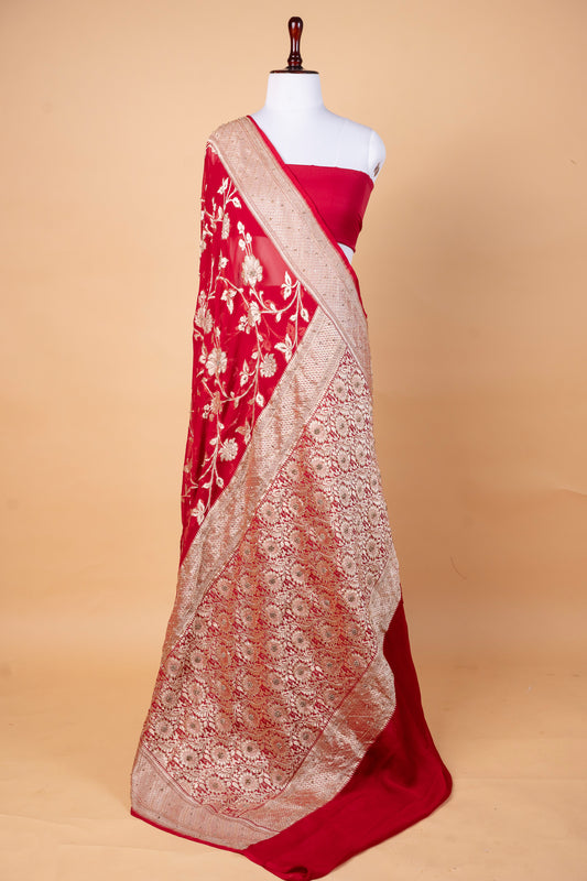 Pure Chiffon Khaddi Saree in Deep Red with Gold Zari Floral Weaving