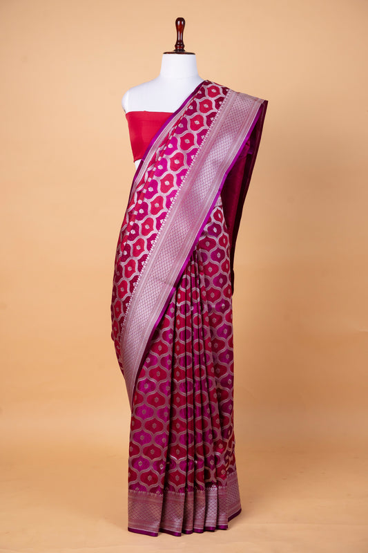 Dual Tone Magenta Pure Banarasi Mashru Silk Saree with Geometric Zari Weaving