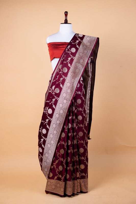 Wine Maroon Pure Banarasi Mashru Silk Saree with Regal Zari Elegance
