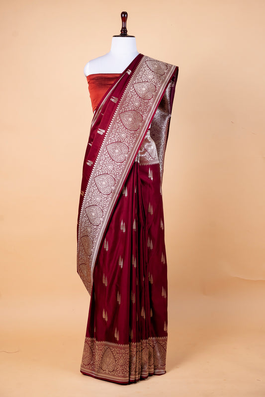 Royal Maroon Pure Banarasi Mashru Silk Saree with Antique Zari Elegance