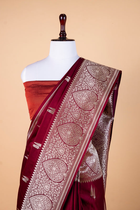 Royal Maroon Pure Banarasi Mashru Silk Saree with Antique Zari Elegance