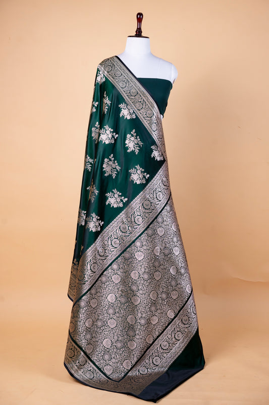 Deep Green Pure Banarasi Mashru Silk Saree with Silver Floral Weaving