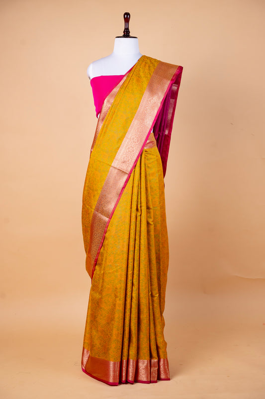 Jamdani Silk Saree – Mustard Yellow with Pink Border