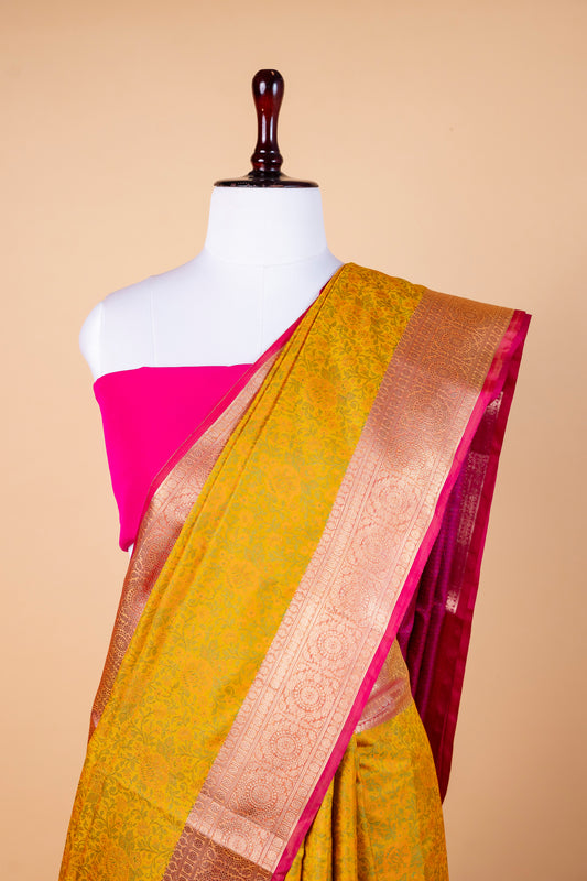 Jamdani Silk Saree – Mustard Yellow with Pink Border