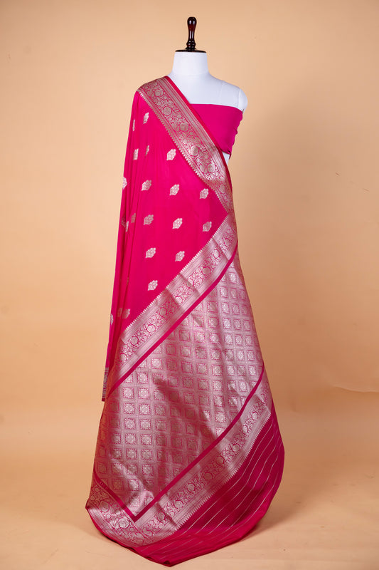Rani Pink Pure Banarasi Mashru Silk Saree with Silver Zari Buta and Ornate Border