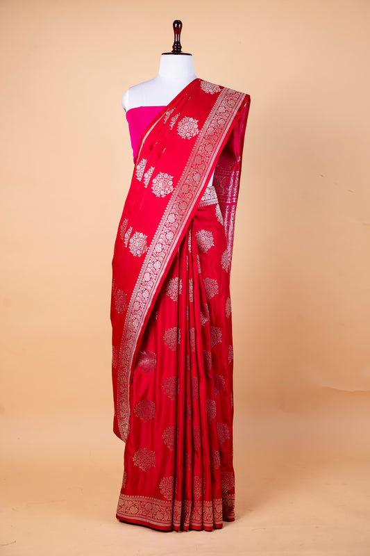Classic Red Pure Banarasi Mashru Silk Saree with Silver Zari Floral Buta and Traditional Border