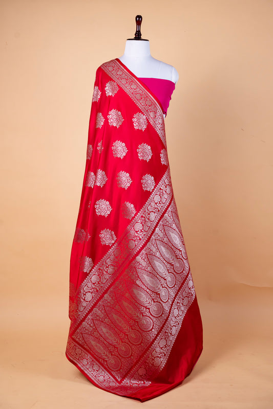 Classic Red Pure Banarasi Mashru Silk Saree with Silver Zari Floral Buta and Traditional Border