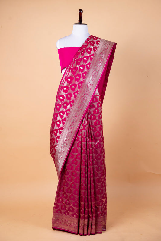 Magenta Pink Bumber Silk Saree with Silver Zari Jaal & Designer Border