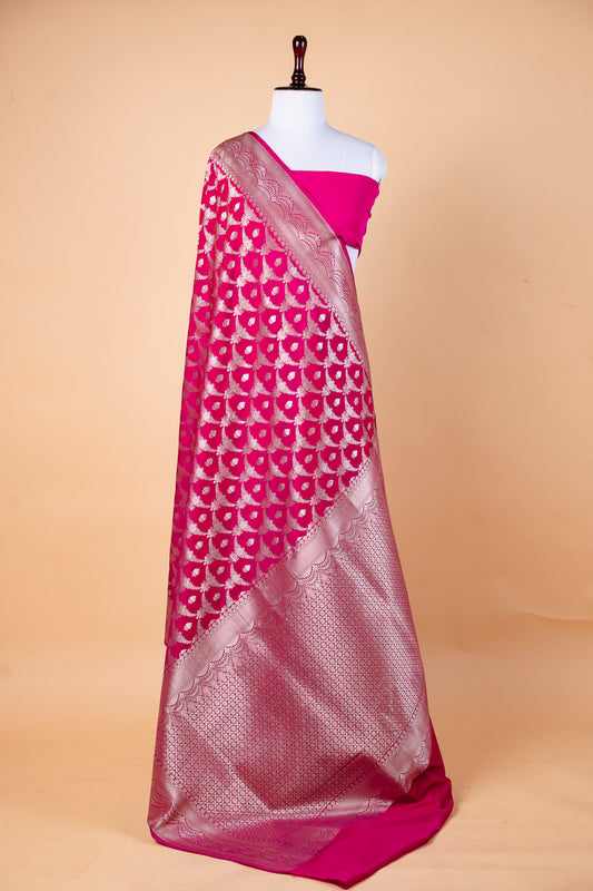 Magenta Pink Bumber Silk Saree with Silver Zari Jaal & Designer Border