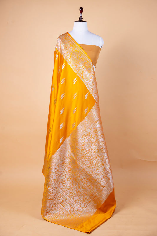 Golden Mustard Pure Banarasi Mashru Silk Saree with Silver Zari Buttis and Ornate Border