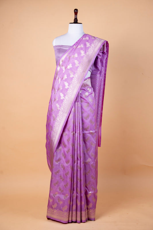 Lavender Purple Bumber Silk Saree with Silver Zari Buttis & Graceful Border