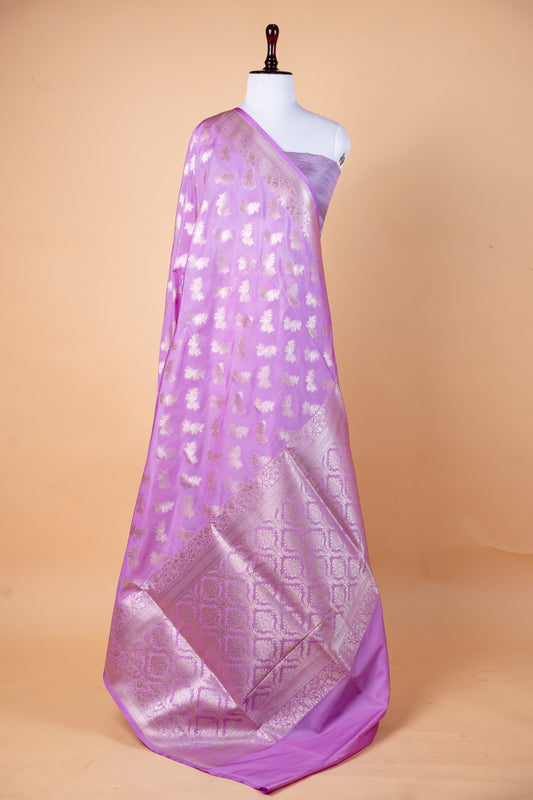 Lavender Purple Bumber Silk Saree with Silver Zari Buttis & Graceful Border