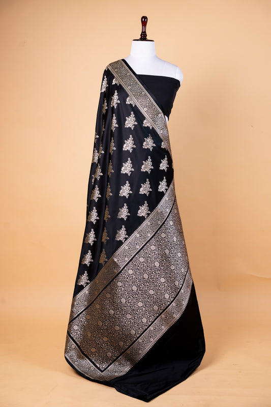 Classic Black Pure Banarasi Mashru Silk Saree with Silver Zari Motifs and Rich Border