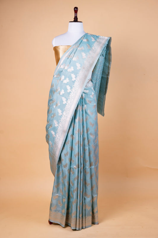 Graceful Sky Blue Bumber Silk Saree with Silver Zari Motifs