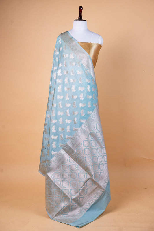 Graceful Sky Blue Bumber Silk Saree with Silver Zari Motifs