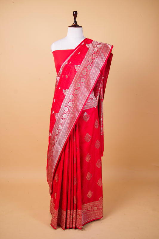 Banarasi Luxury Red Mashru Silk Saree with Silver Zari Floral Buti & Rich Woven Border