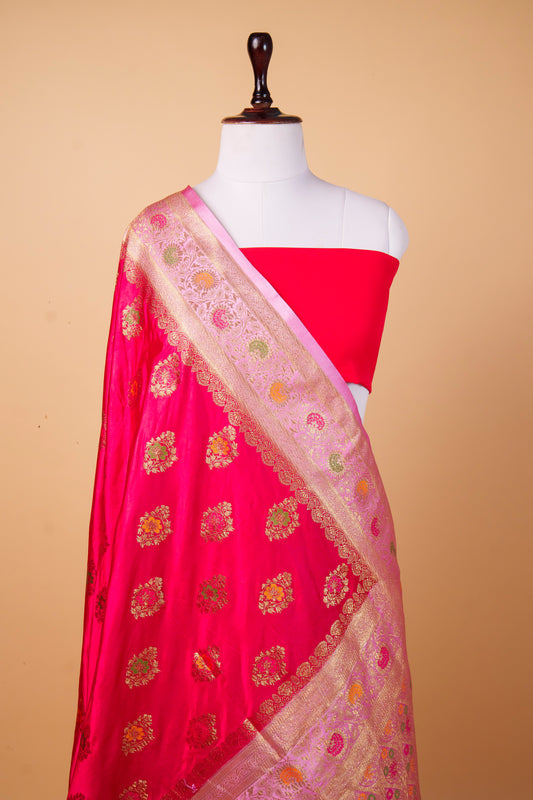 Banarasi Premium Pink Mashru Silk Saree with Multicolor Meenakari Zari Pallu & Floral Buti