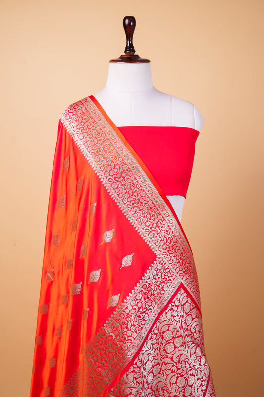Banarasi Premium Dual-Tone Orange & Red Mashru Silk Saree with Gold Zari Buti and Floral Border