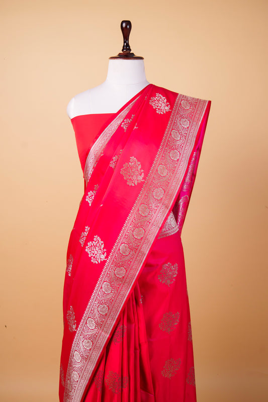 BanarasiPremium Rani Pink Mashru Silk Saree with Silver Zari Floral Buti & Woven Border