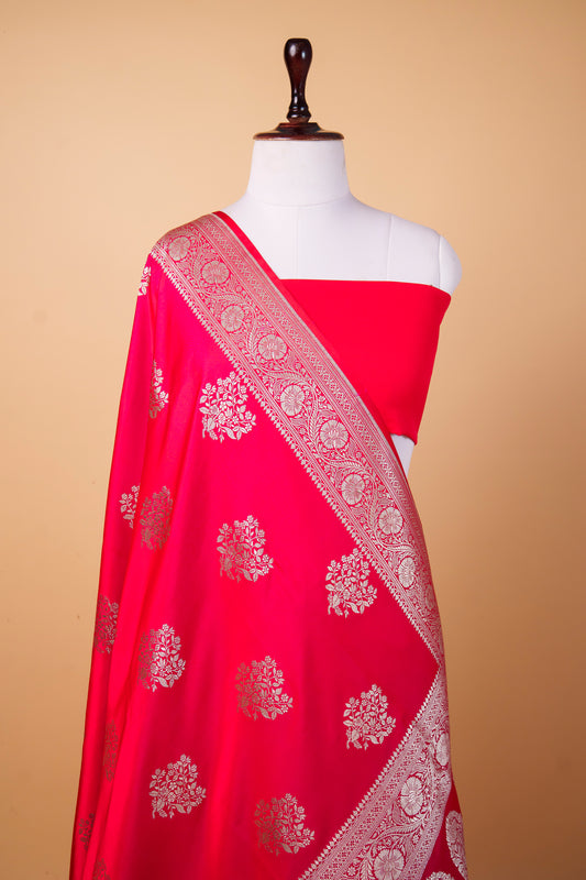 BanarasiPremium Rani Pink Mashru Silk Saree with Silver Zari Floral Buti & Woven Border