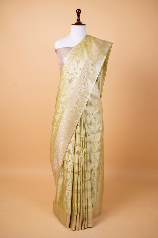 Banarasi Premium Pistachio Green Mashru Silk Saree with Gold Zari Floral Jaal