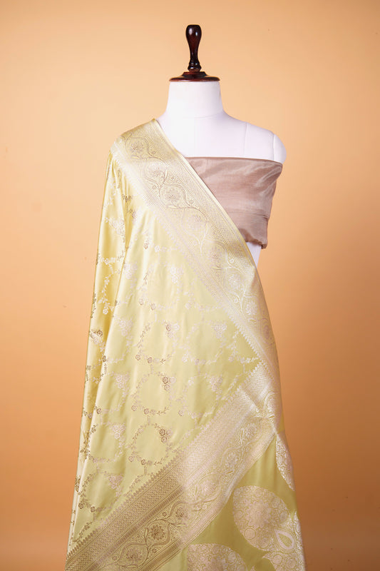 Banarasi Premium Pistachio Green Mashru Silk Saree with Gold Zari Floral Jaal
