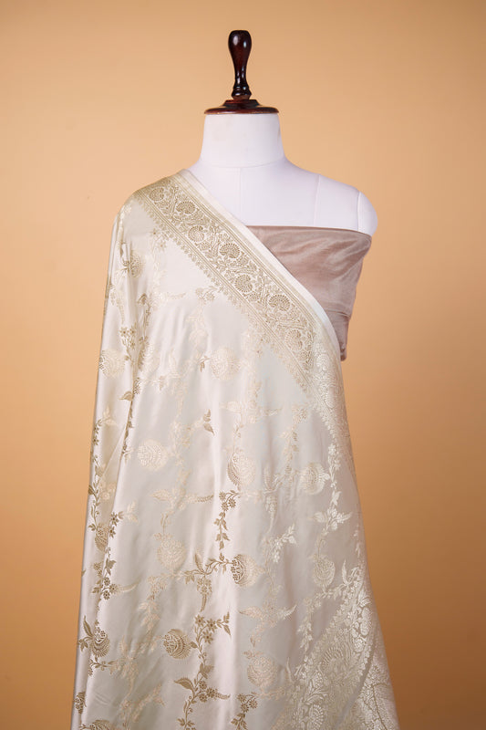 Banarasi Premium Ivory White Mashru Silk Saree with Gold Zari Floral Jaal