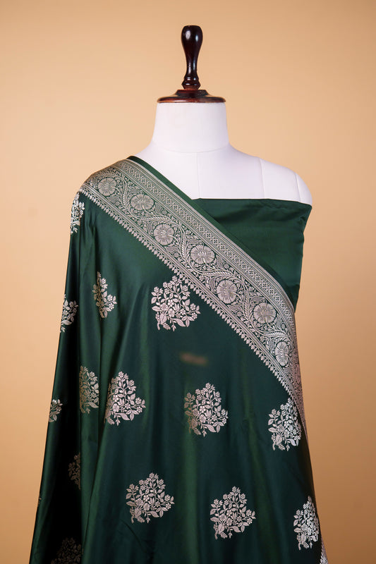 Banarasi Premium Emerald Green Mashru Silk Saree with Silver Zari Floral Buti & Grand Paisley Pallu