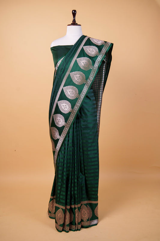 Banarasi Premium Bottle Green Mashru Silk Saree with Silver Zari Paisley Border