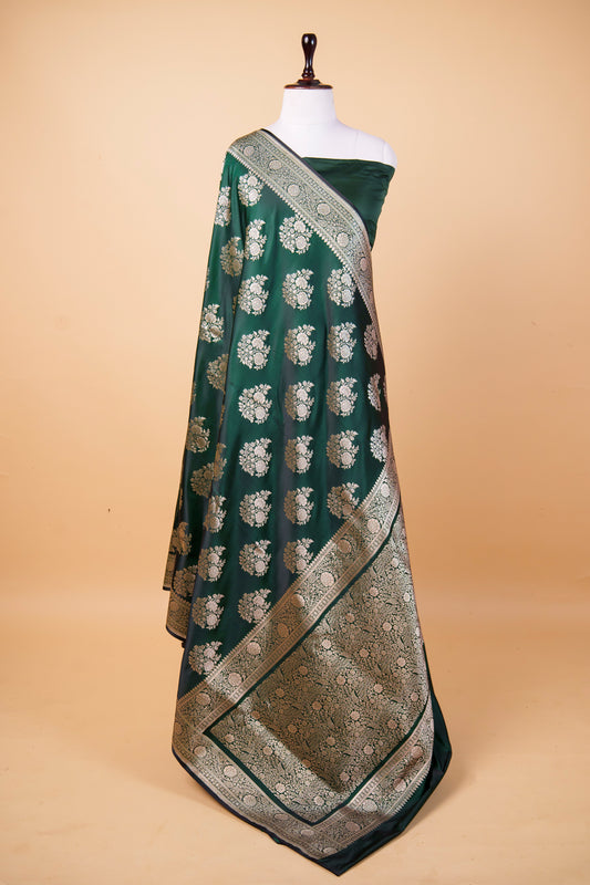 BanarasiPremium Emerald Green Mashru Silk Saree with Silver Zari Floral Buti & Grand Woven Pallu