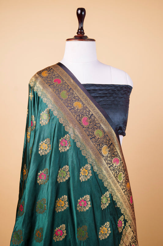BanarasiPremium Teal Green Mashru Silk Saree with Multicolor Meenakari Floral Buti & Rich Zari Border