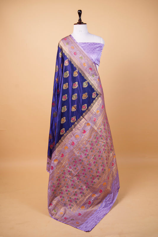 Banarasi Royal Blue Mashru Silk Saree with Multicolor Meenakari Zari Butis & Banarasi Border