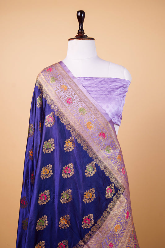 Banarasi Royal Blue Mashru Silk Saree with Multicolor Meenakari Zari Butis & Banarasi Border