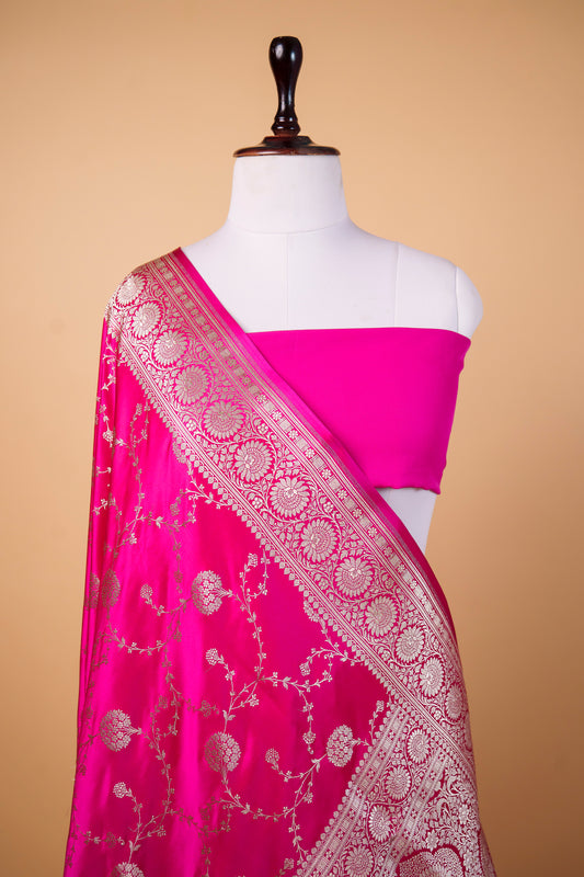 Banarasi Rani Pink Mashru Silk Saree with Floral Jaal Banarasi Zari Weaving