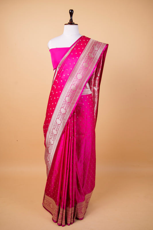 Banarasi Rani Pink Mashru Silk Saree with Banarasi Zari Buti & Floral Border