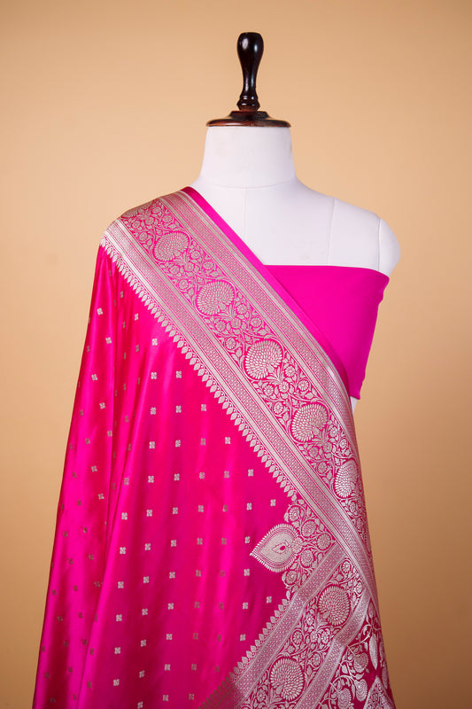 Banarasi Rani Pink Mashru Silk Saree with Banarasi Zari Buti & Floral Border