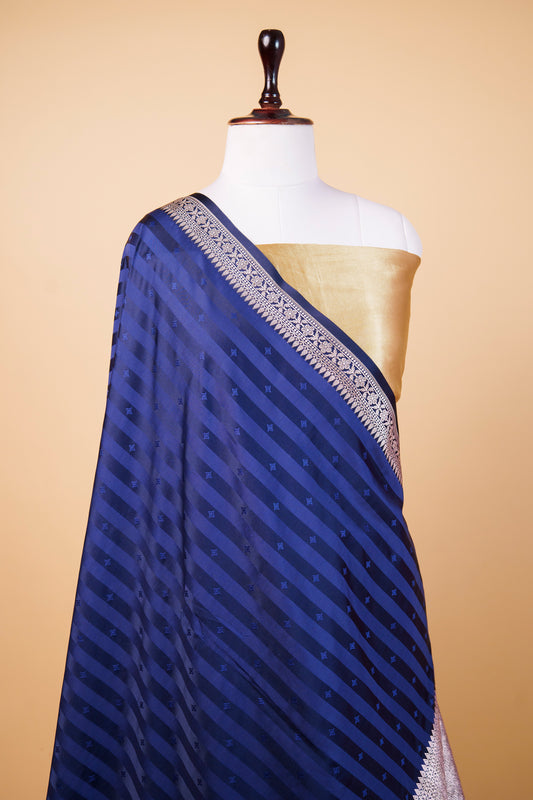 Banarasi Navy Blue Mashru Silk Saree with Paisley Banarasi Zari Border