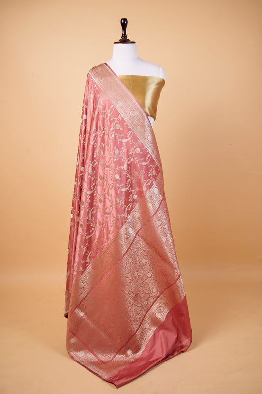 Banarasi Blush Pink Mashru Silk Saree with Floral Jaal Banarasi Zari Weaving