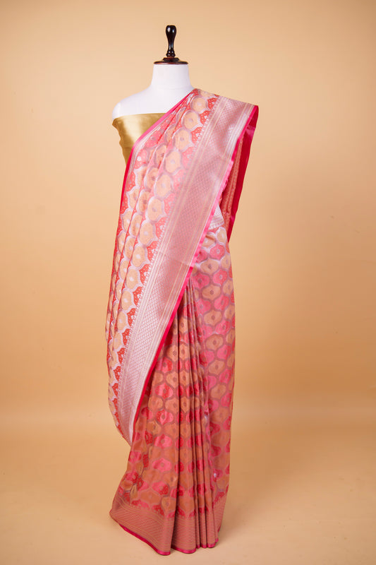 Banarasi Peach & Rani Pink Mashru Silk Saree with Geometric Banarasi Zari Weaving
