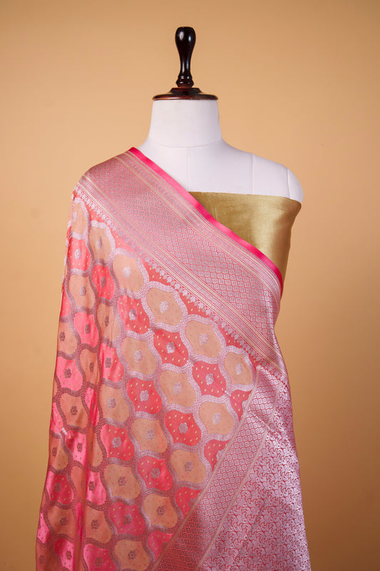 Banarasi Peach & Rani Pink Mashru Silk Saree with Geometric Banarasi Zari Weaving